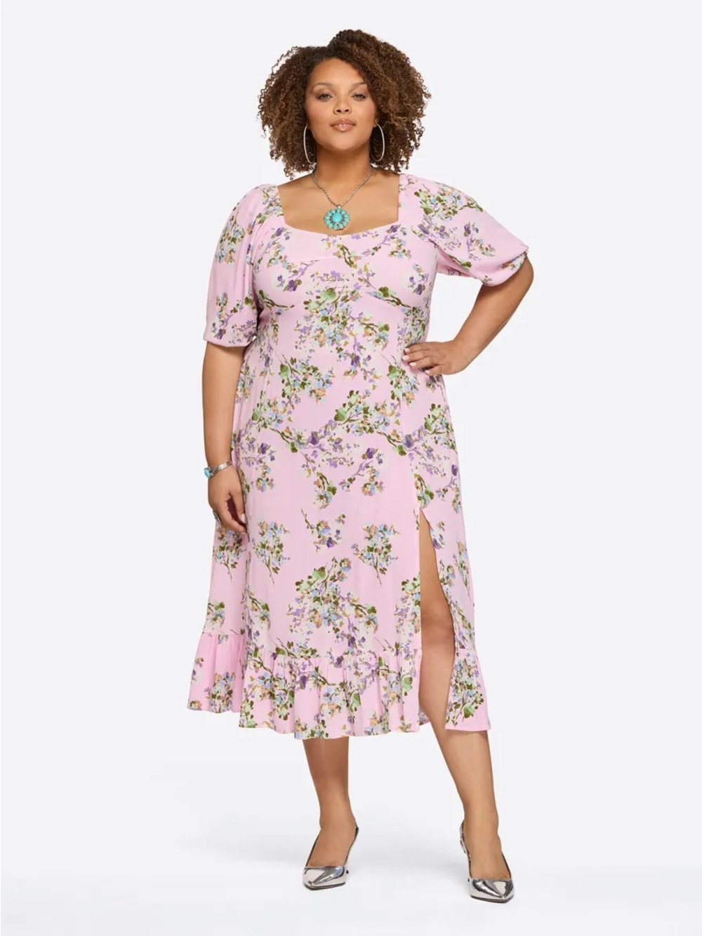 Jessica Simpson Light Pink Floral Midi Dress with Square Neck & Side Slit
